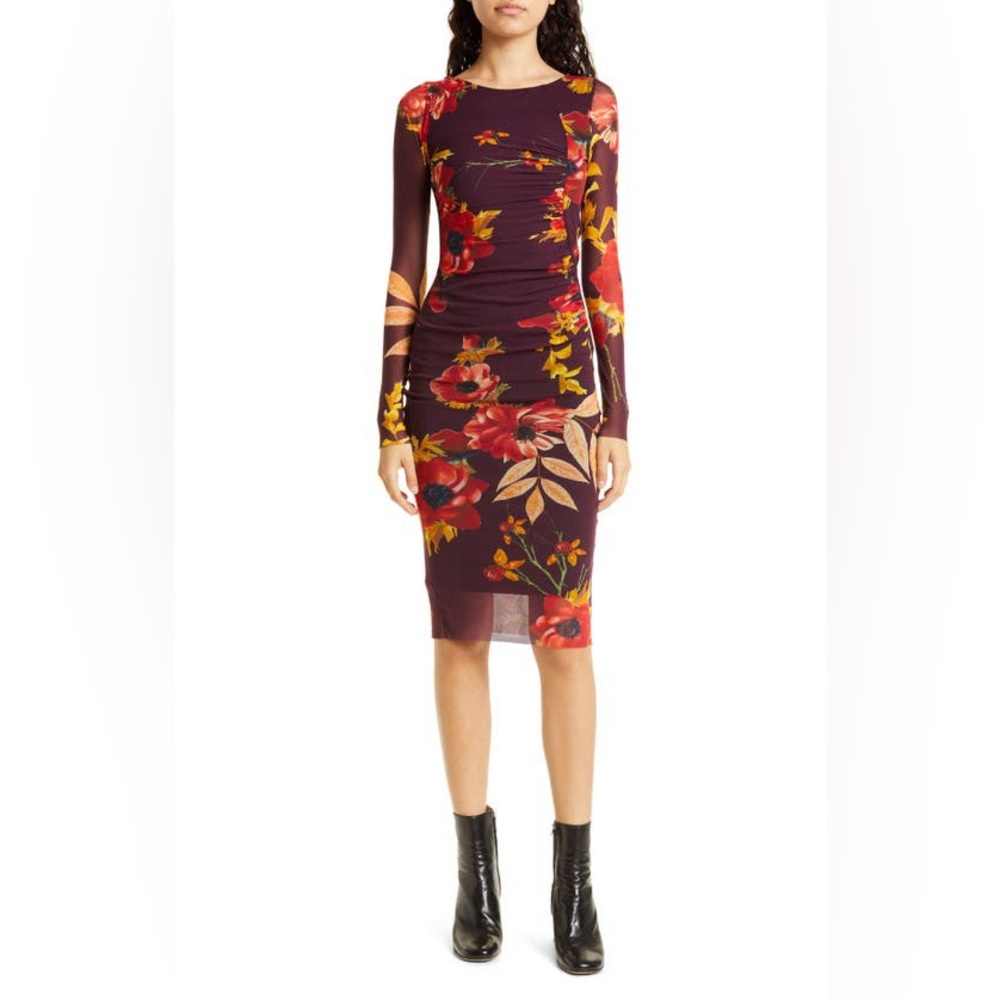 Fuzzi Abito Mesh Long Sleeve Ruched Midi Dress, Size XS - Picture 2 of 16